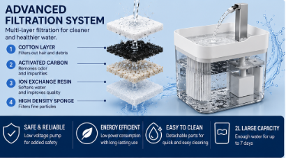 Automatic Cat Water Fountain - Ultra Quiet Pet Water Dispenser with Advanced Filtration System for Healthy Hydration (Cats & Small Dogs)
